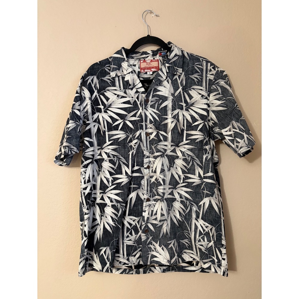 RJC Mens Hawaiian Shirt Large Black White Bamboo Leaf Print Made in Hawaii USA